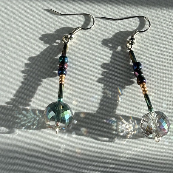 Iridescent Beaded Drop Earrings Handmade - Picture 3 of 8